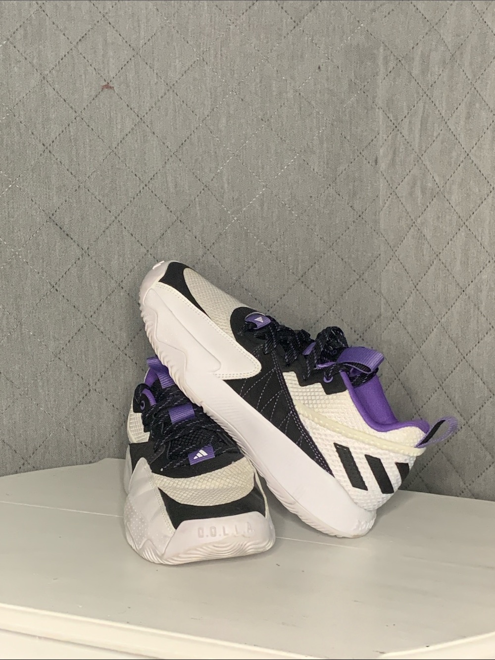 #166 Adidas White Black Purple Basketball Shoes